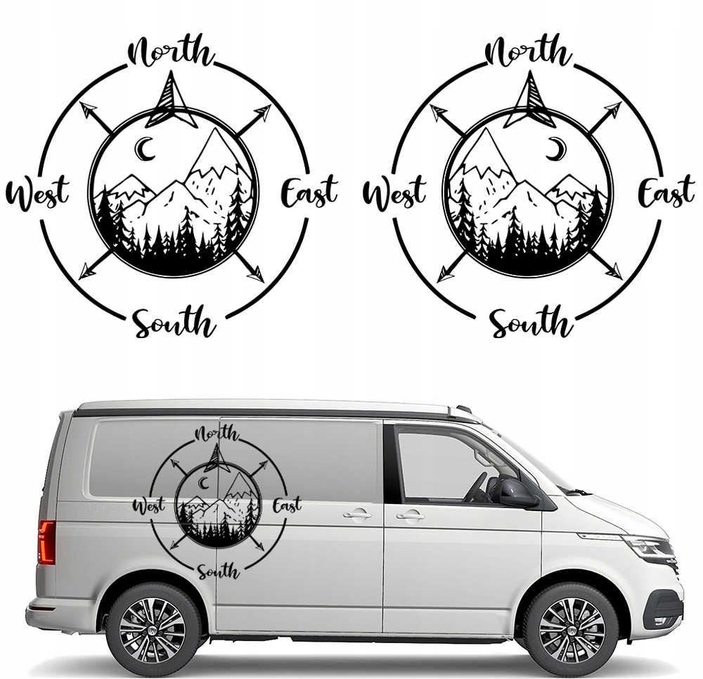 2x Nálepka Grafika na auto karavan přívěs Růže Větrů Kompas Hory 45x41