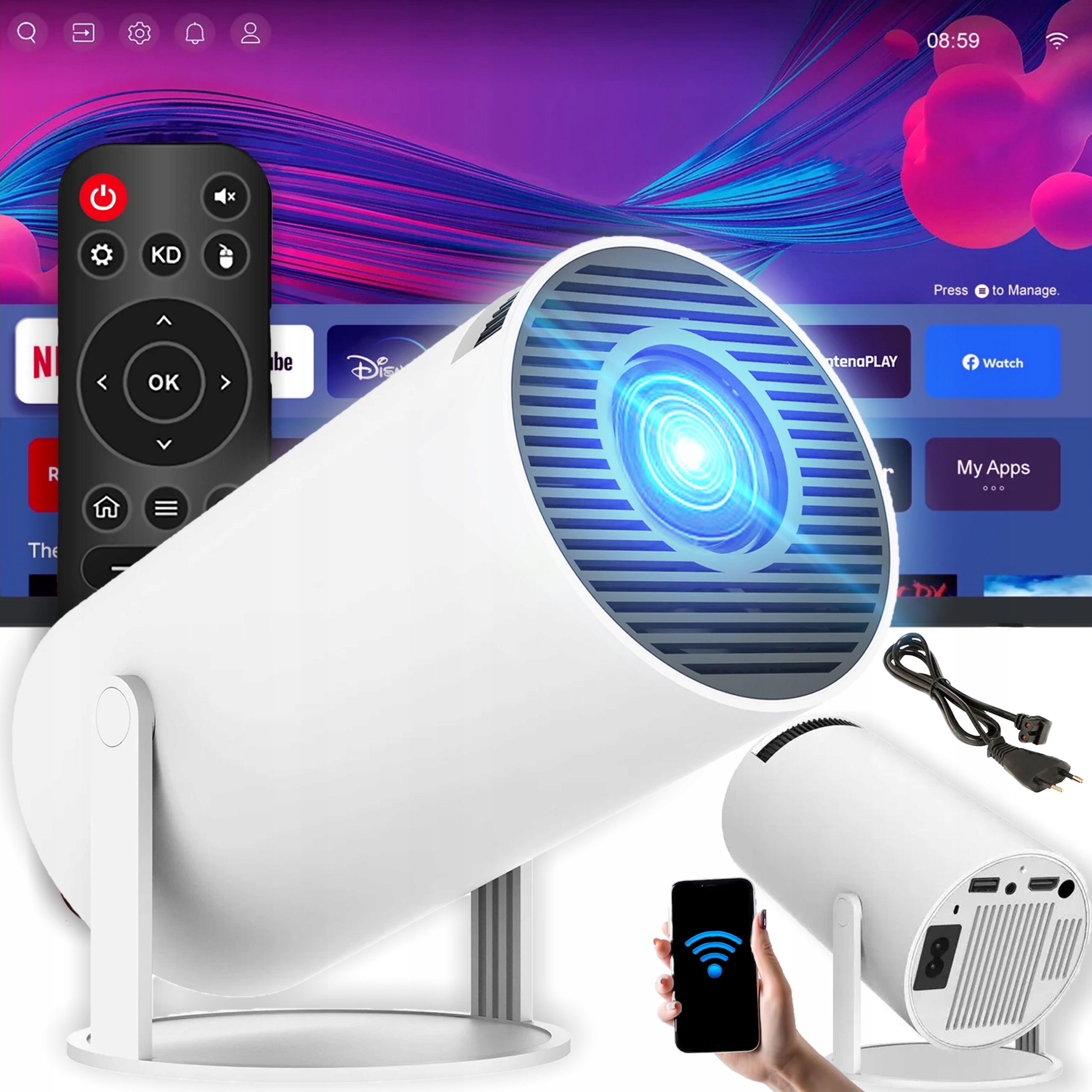 Projektor Wifi Android Přenosný Otočný Smart 4K Reproduktor Bt 5.0