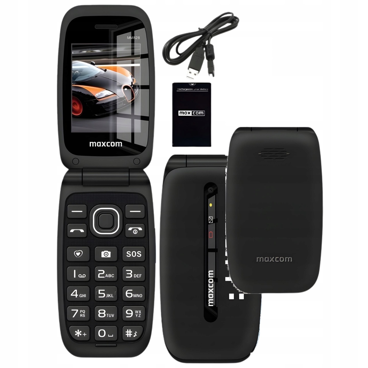 Telefon z klapką dla seniora Maxcom MM828 czarny,duże klawisze i ...sos