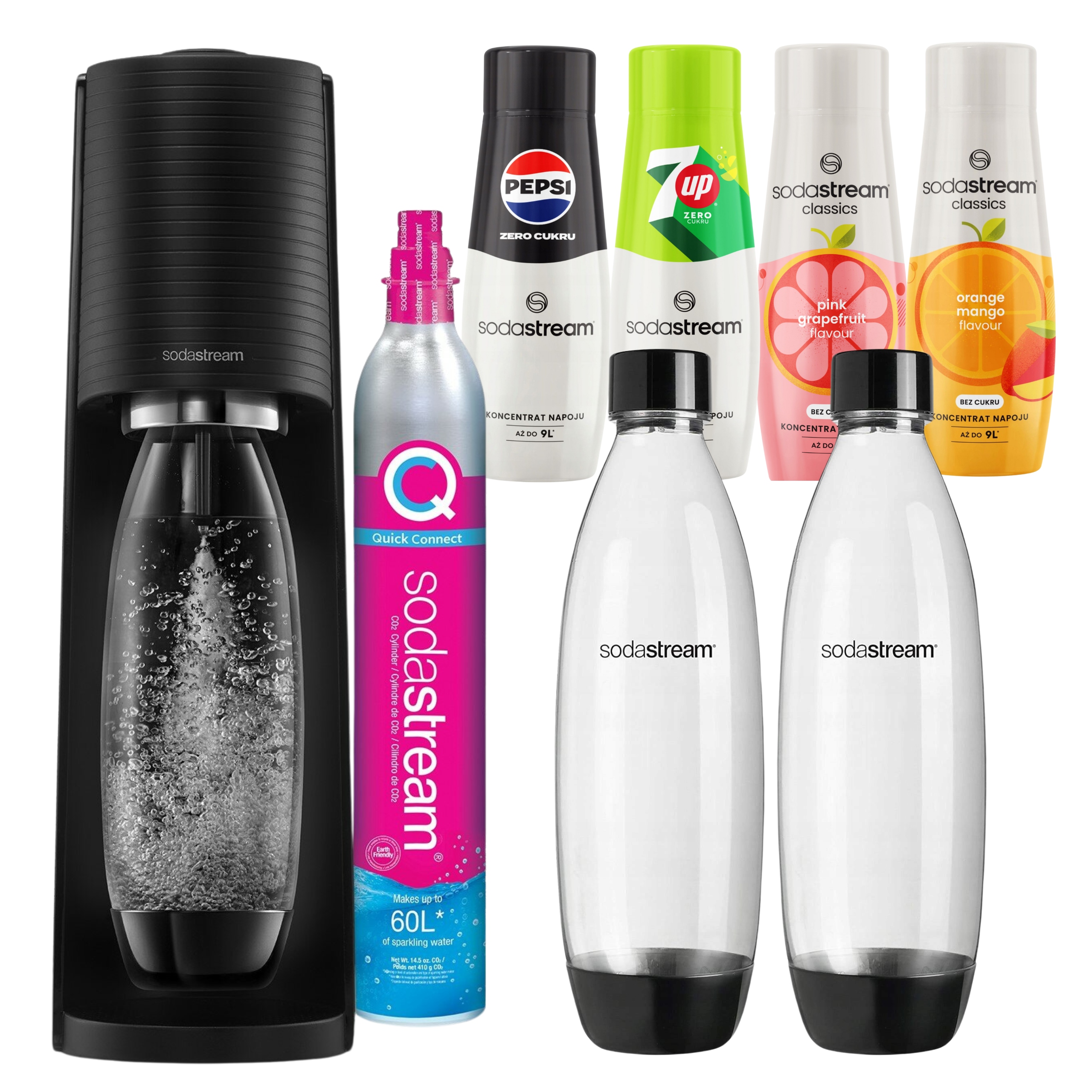 Soda Stream Saturátor Terra 2 Fľaše 4 sirupy bez cukru Pepsi 7UP, Mango