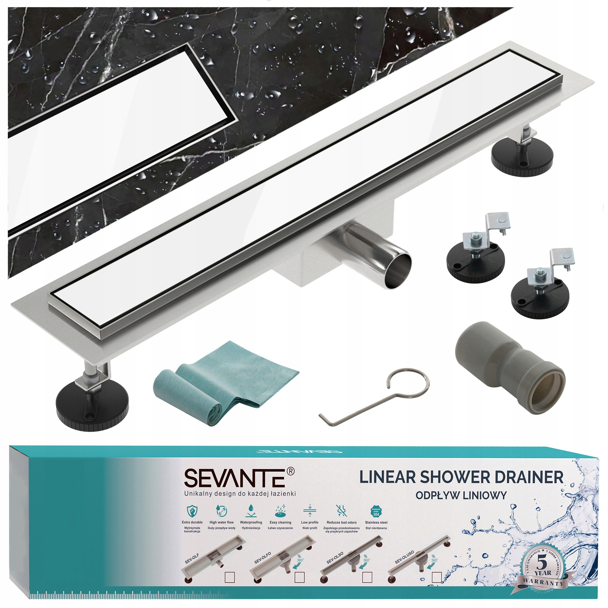 Lineárny odtok s maskovačom 80 cm Flat biele sklo nerezová oceľ Sevante