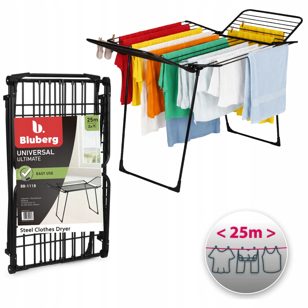 Duży Składany Stojak Na Bieliznę Balkonową, Cztery Skrzydła, Czarny, 25M