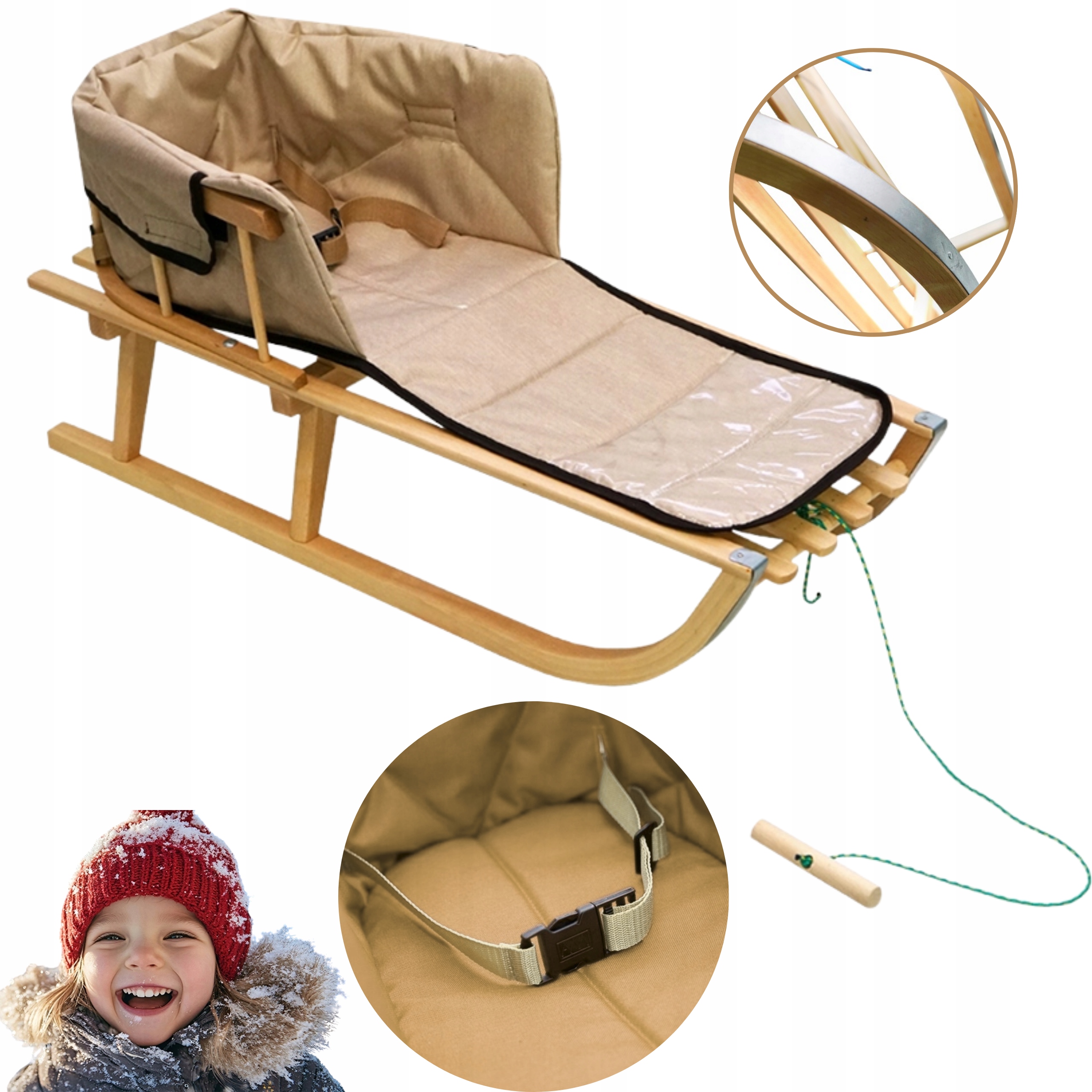 Sanki drewniane z oparciem materacyk dla dziecka Polskie Classic