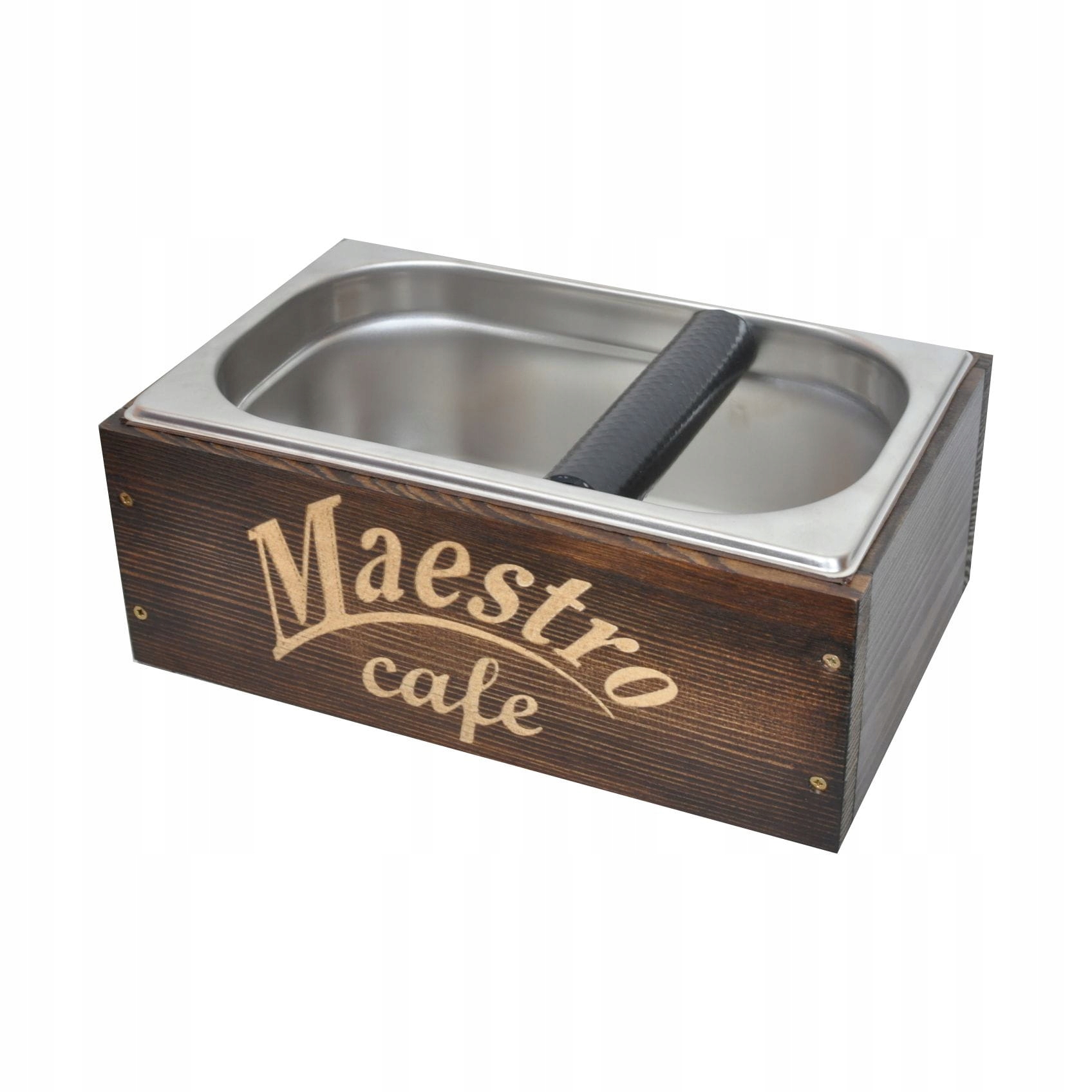 Odbijak do kolby z pojemnikiem na fusy kawy – stal, drewniana obudowa