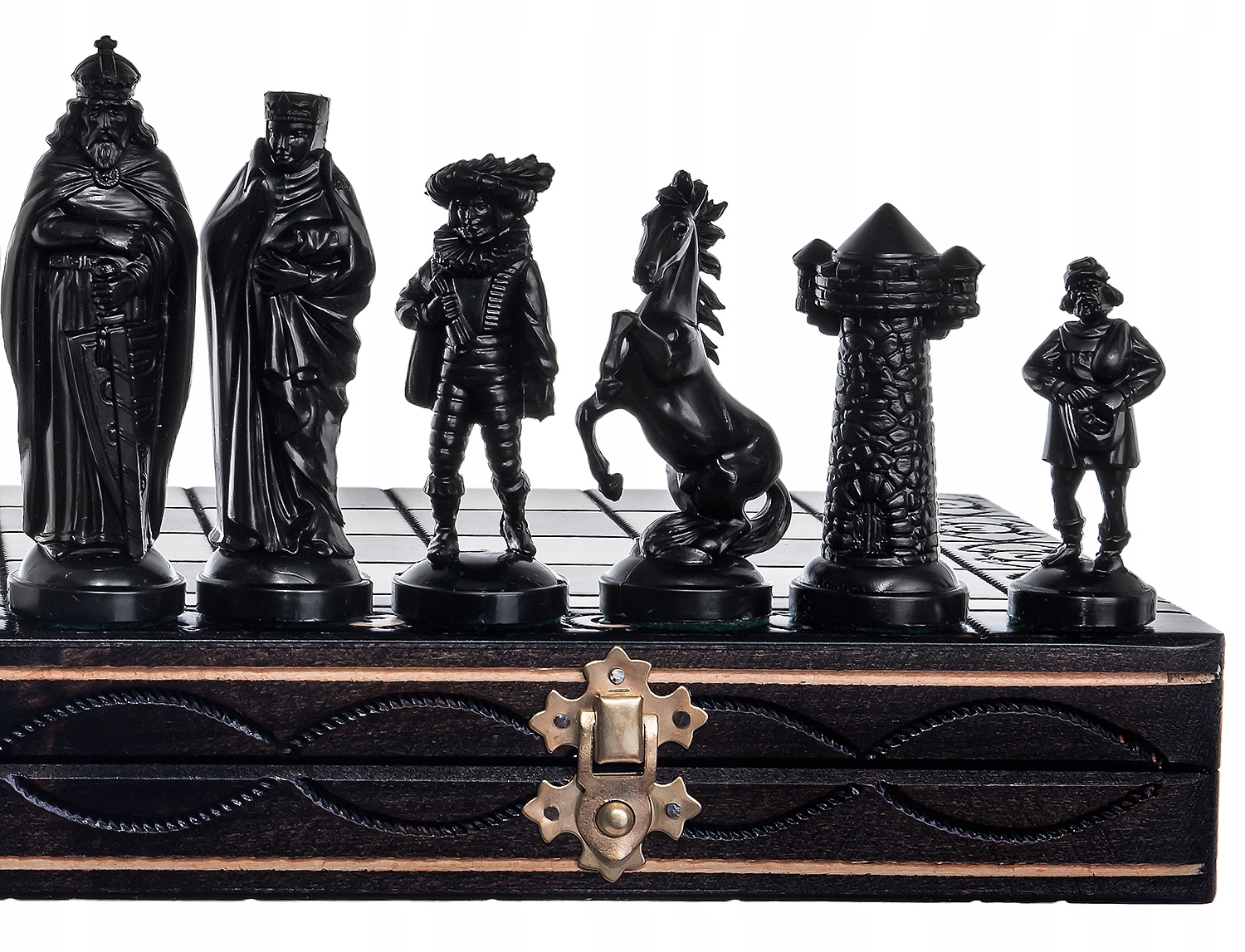 SZACHY ŚREDNIOWIECZNE DREWNIANE CZARNO- BIAŁE DUŻE Język instrukcji inna