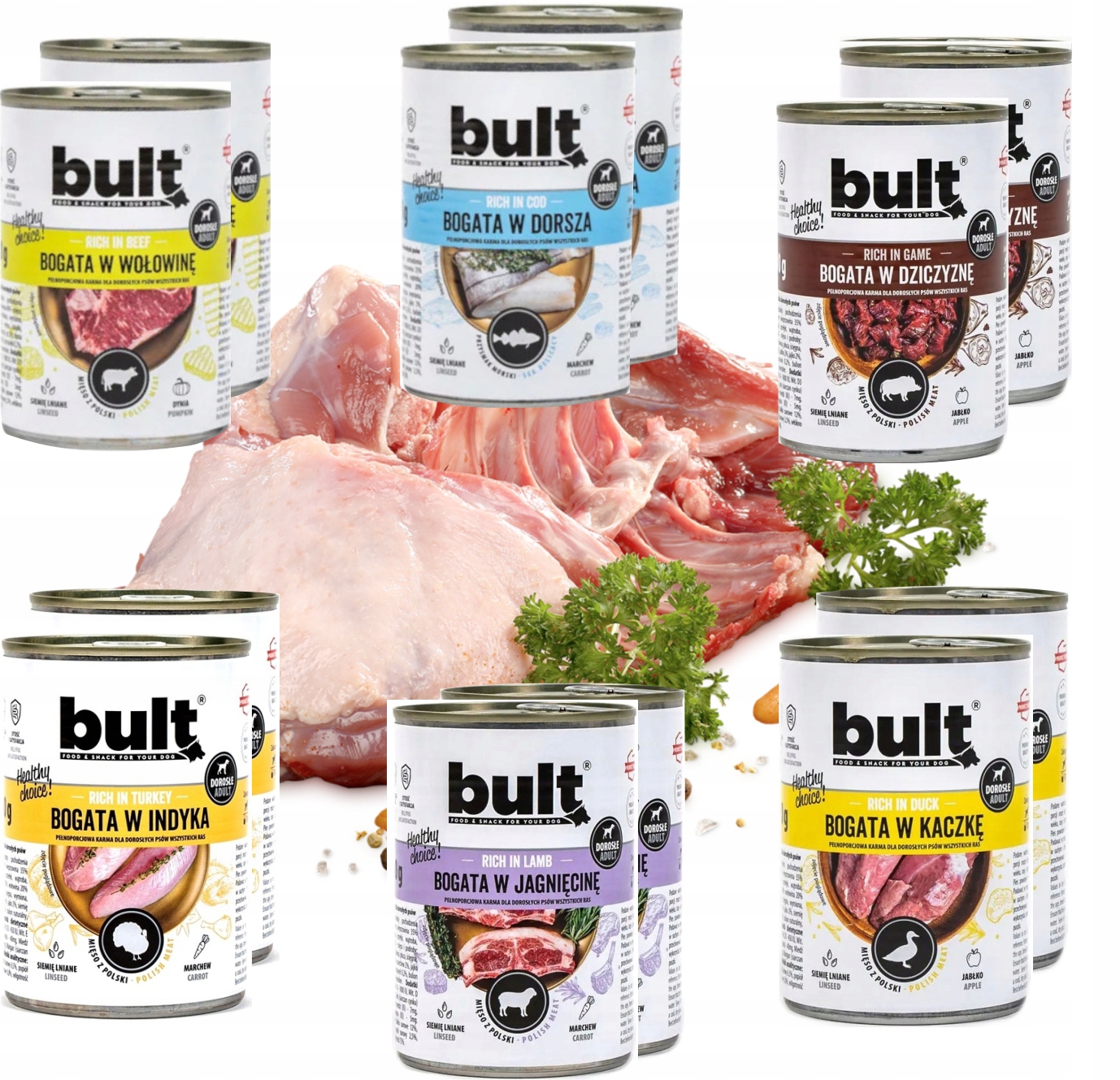 Vlhké Krmivo Pro Psa 24 x 800 g. 6 Příchutí Bult MIX 75% Masa Krmivo V Plechovce