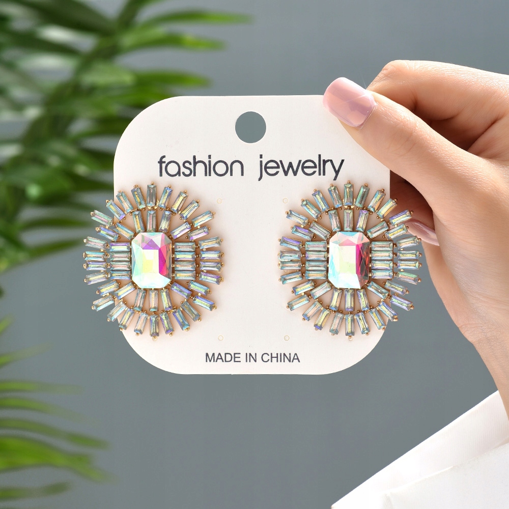 Kolczyki Sztyfty Kolor Złote Białe AB Eleganckie Słońca Cyrkonie Ślub 50mm Marka bez marki