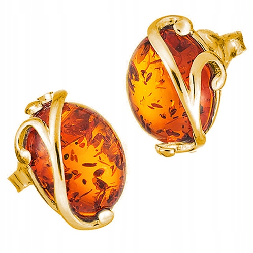 Zlaté Náušnice na tyčinku z Přírodního baltský jantar pozlaceného Stříbro 925