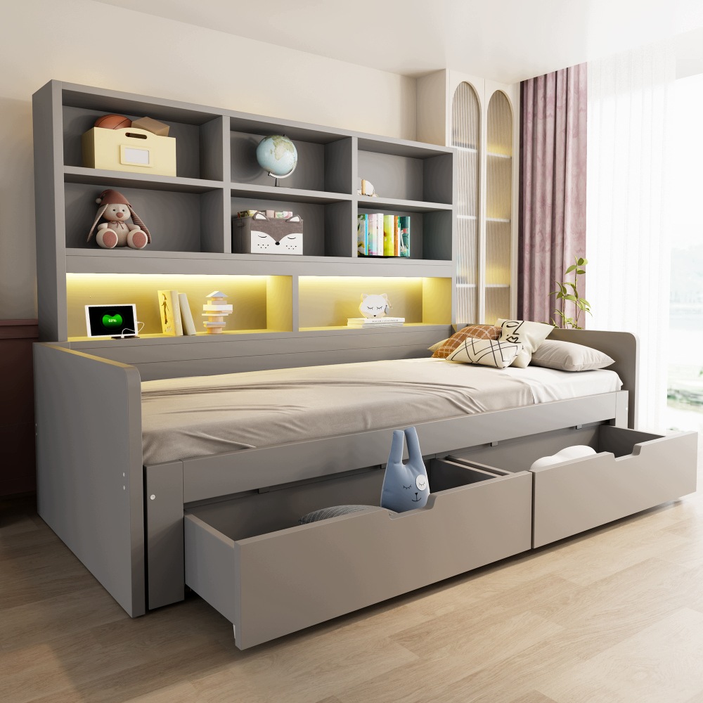 Pohovka dřevěná postel 90/180x200 šedá Led úložný prostor zásuvky Usb