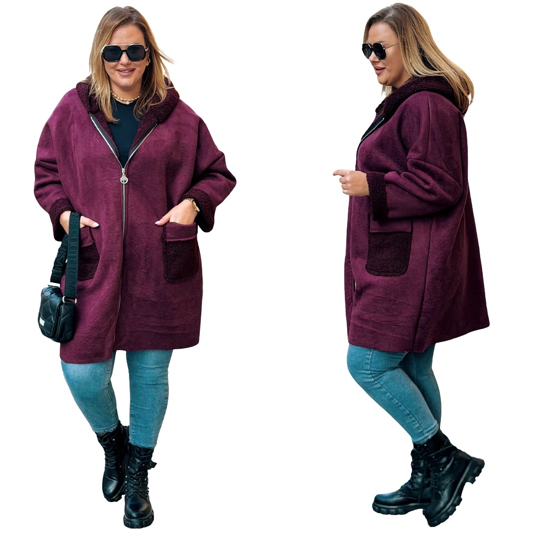 Dámský kabát Beránek Kapuce Cavaricci Plus Size Bordový