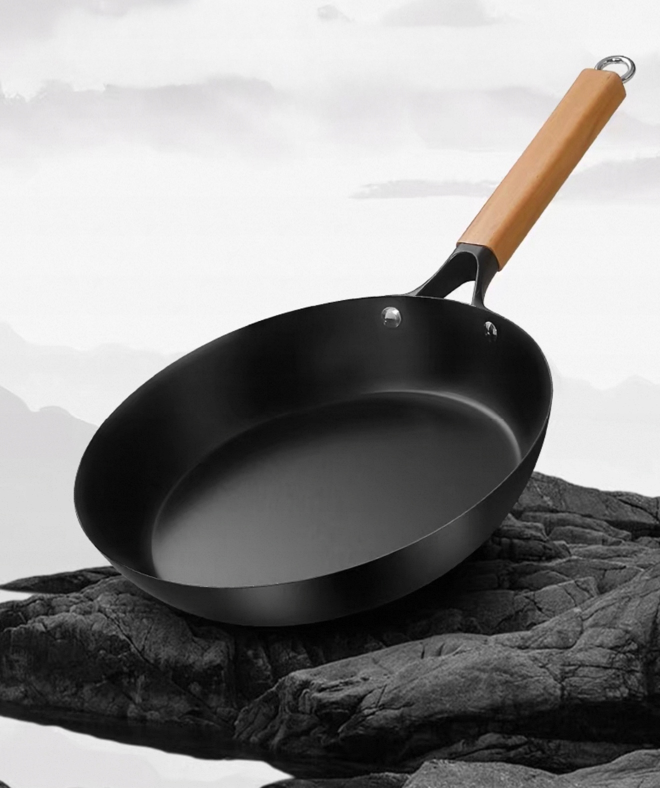 Wok pánev 26 cm Hluboká rukojeť Dřevěná indukce