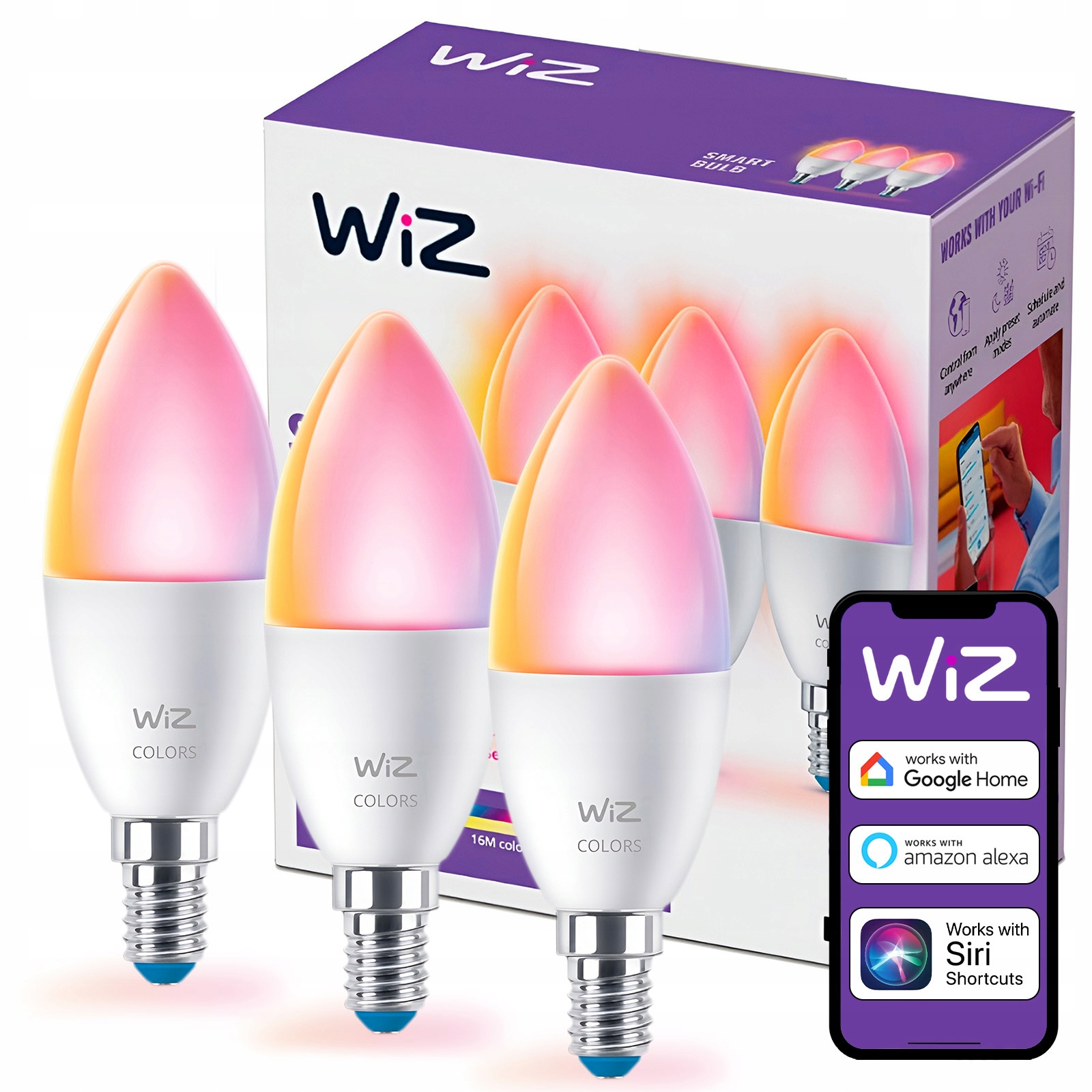 3x Led žárovka E14 Svíčka 4,9W 40W 2200-6500K Rgb Smart WiFi Aplikace WiZ