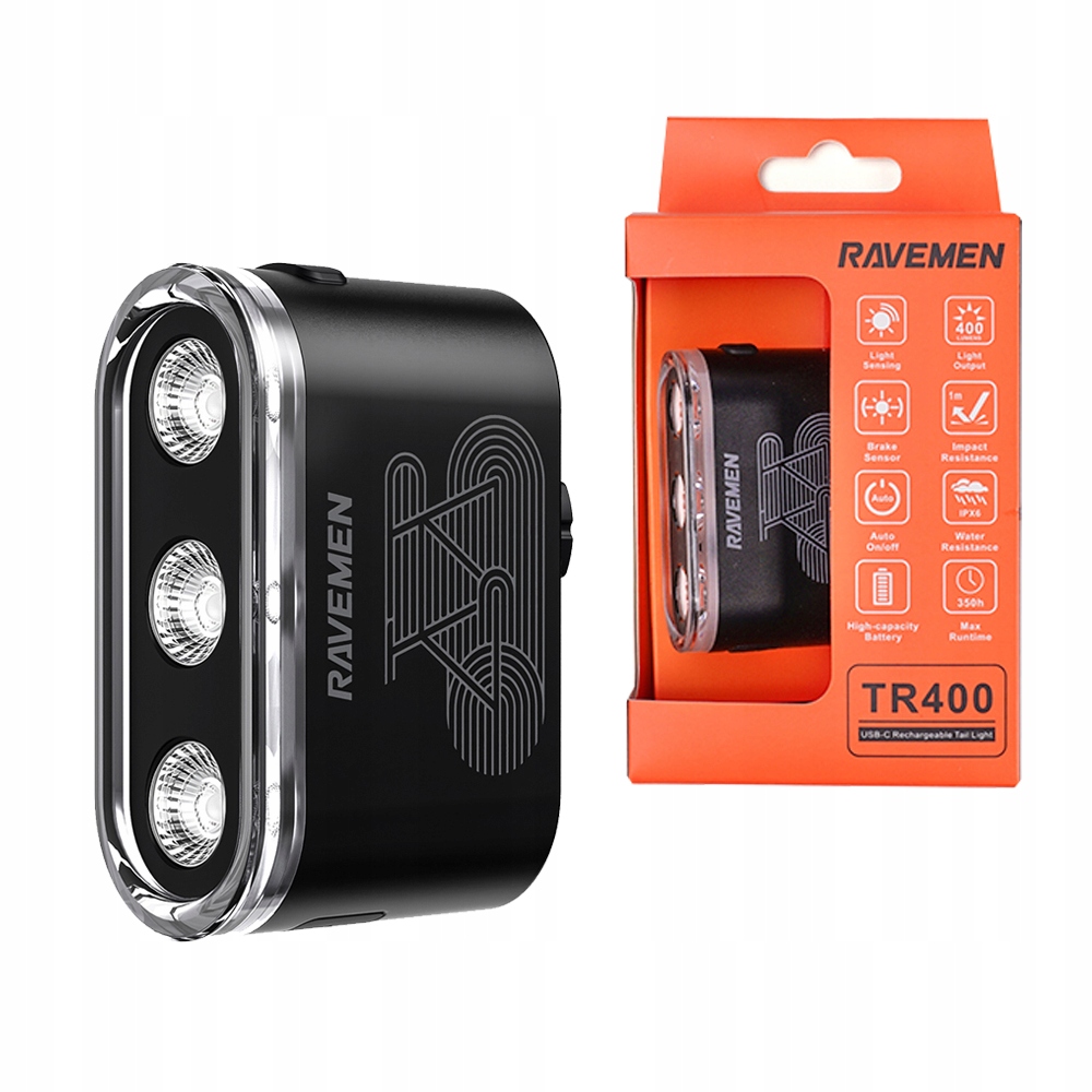 Lampa tylna rowerowa Ravemen TR400 400 lm Usb-c IPX6 czujnik hamowania