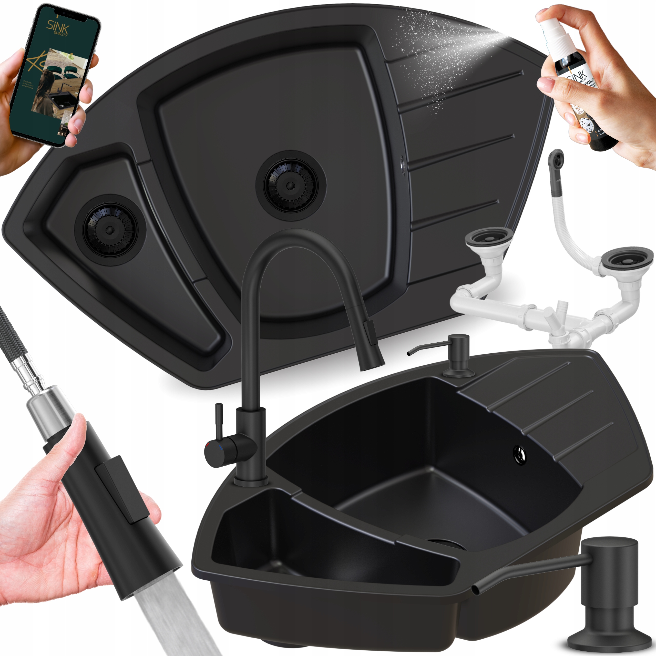 Set dřez Granitový dvoukomorový kuchyňský dřez Dávkovač