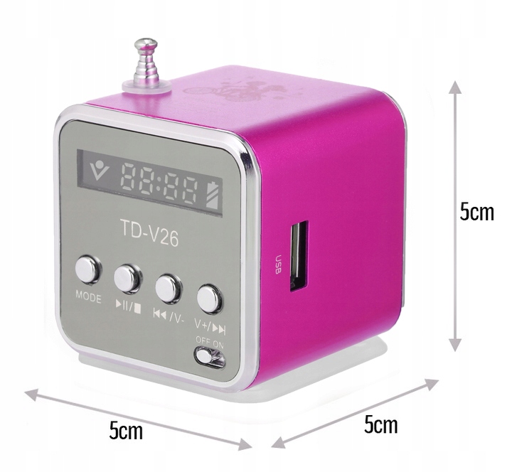 PRZENOŚNE RADIO FM AKUMULATOROWE Z GŁOŚNIKIEM LED RÓŻOWE Głębokość produktu 5 cm