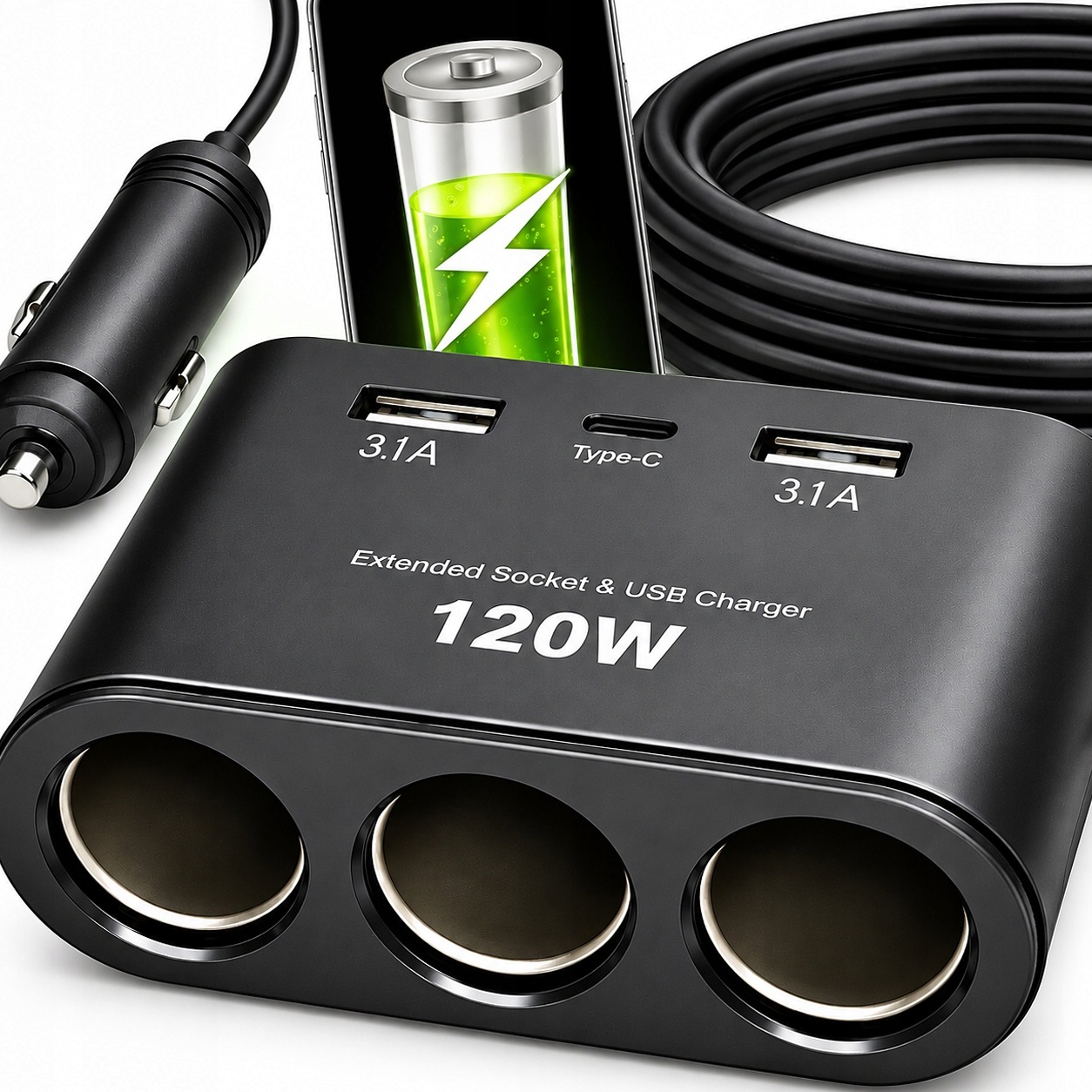 Ładowarka Samochodowa Usb Usb C Qc 3.1A Rozdzielacz 3 Gniazda 120W 12V Auta