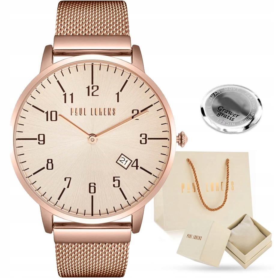 Dámské hodinky Paul Lorens Kadoma zlaté s datumovkou pletený řemínek mesh Gravírování