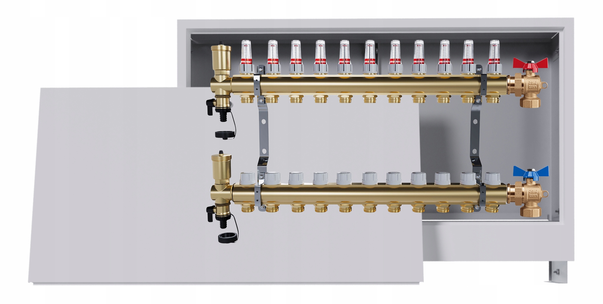 Rozdělovač podlahových krytin mosazný 11 okruhů podomítková skříň 2 ventily