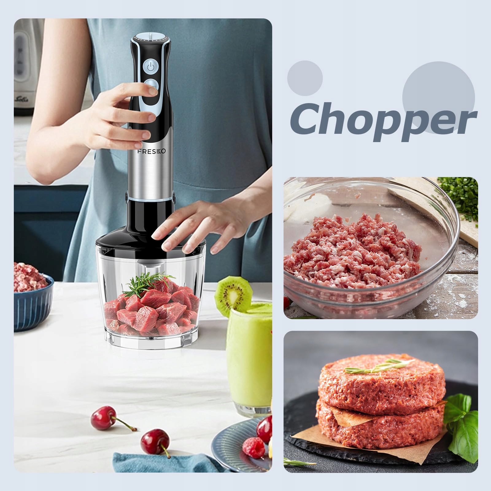 FRESKO Blender Ręczny 4w1 1000W Stalowy Zestaw Do Zup Smoothie — miniatura 3