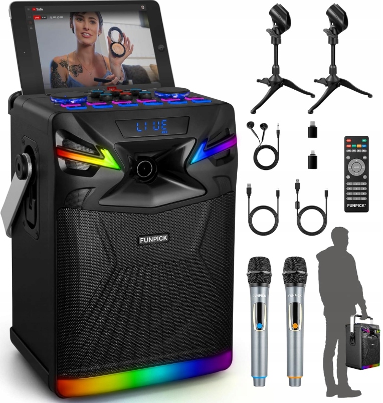 Karaoke stroj Bt s bezdrátovými mikrofony a reproduktorem, systém Pa, rádio