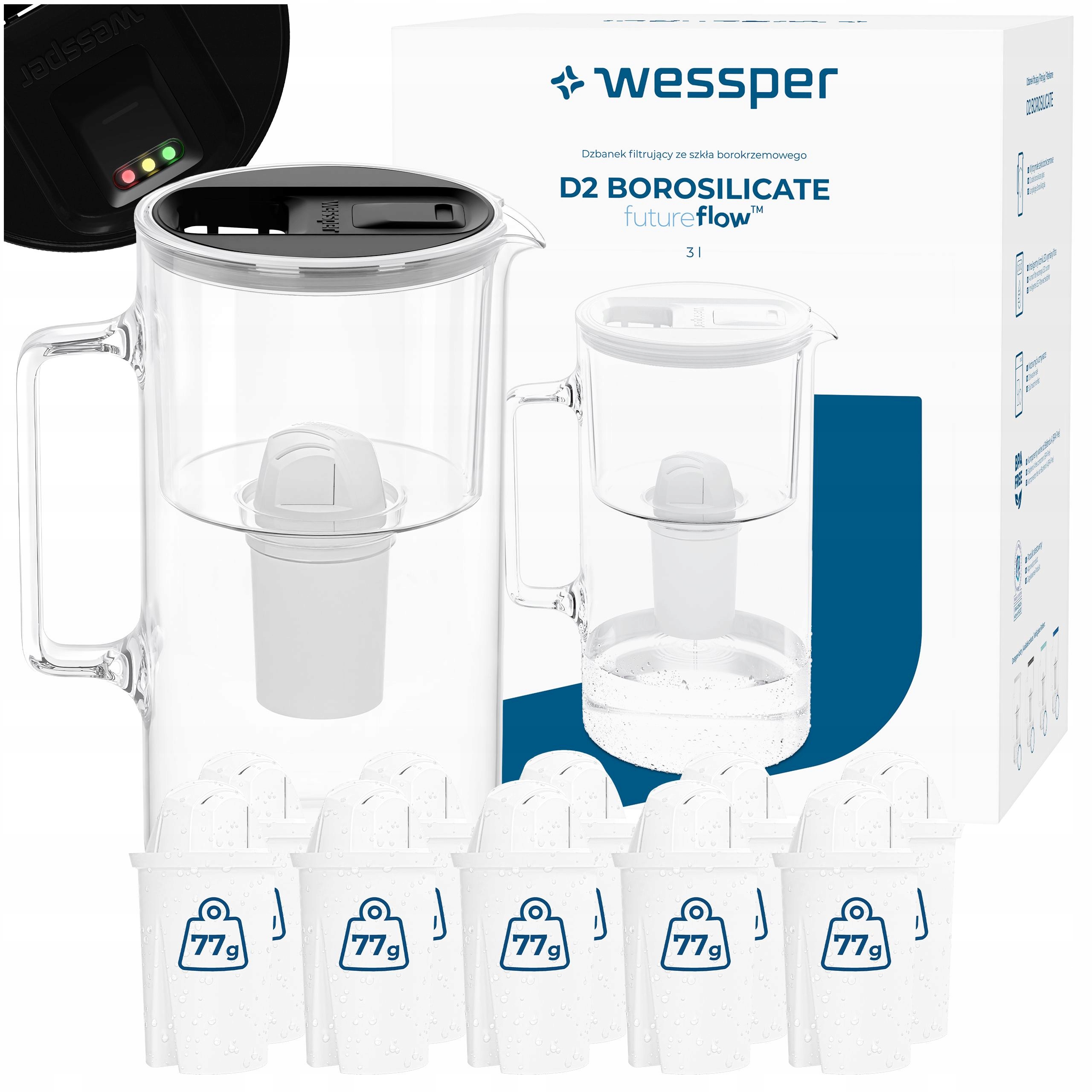 Filtrační konvice skleněná Wessper D2 Borosilicate Ff 3 l černá 11 x filtr