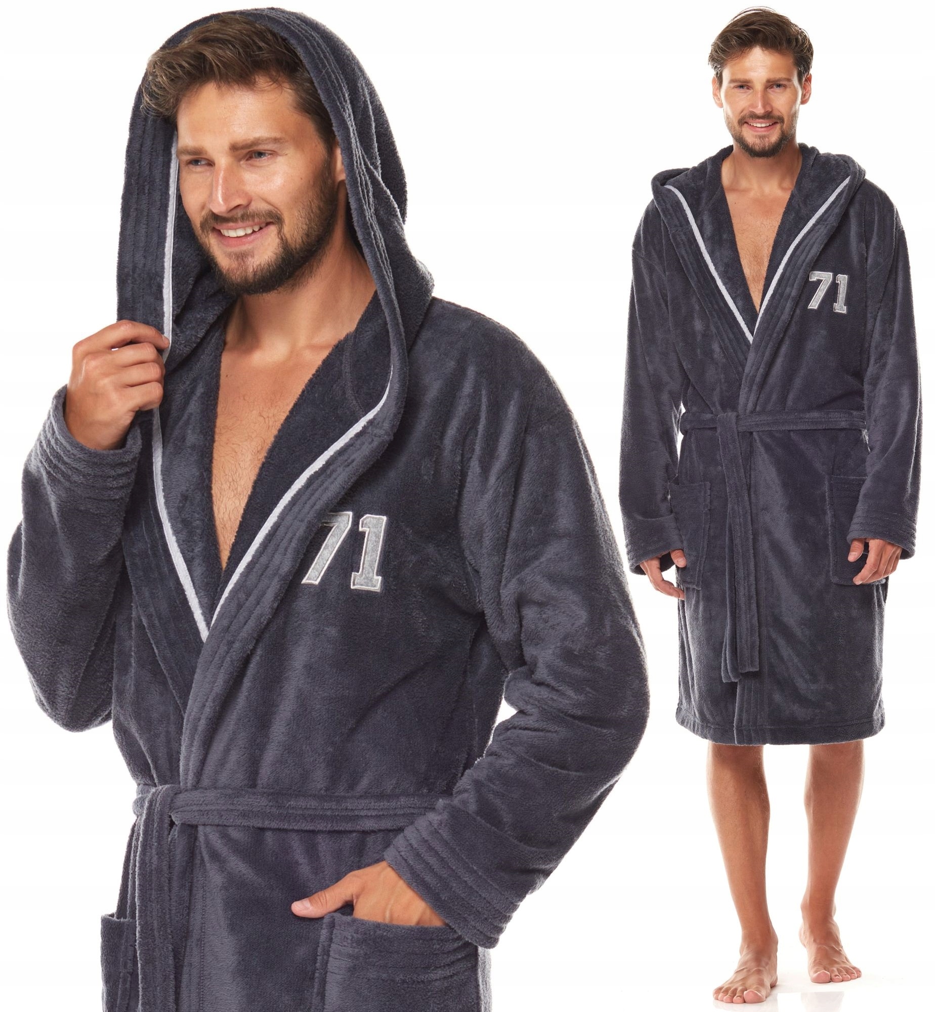 CIEPŁY MIŁY DŁUGI SZLAFROK MĘSKI Z KAPTUREM L