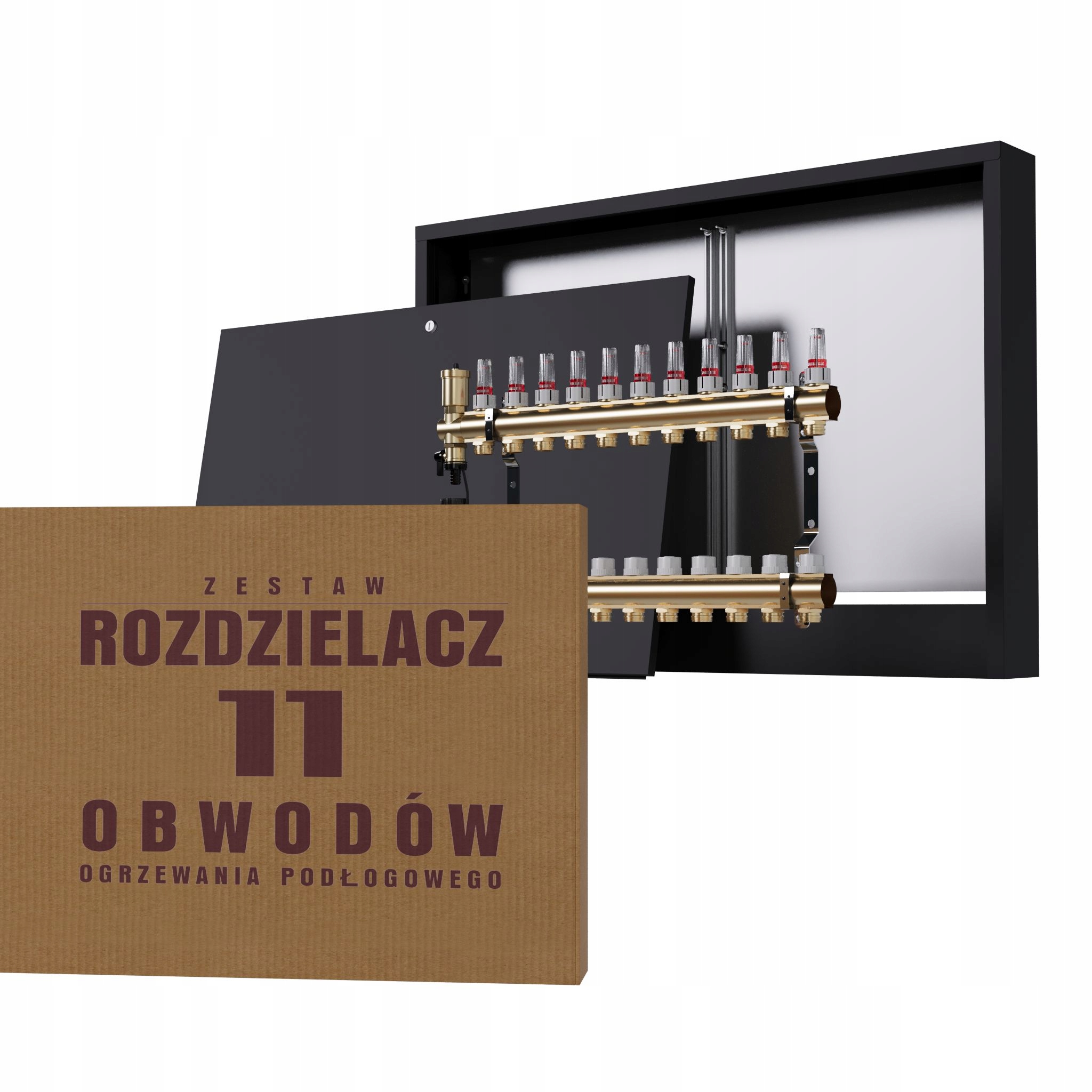 Rozdělovač pro mosaznou podlahu 11-okruhový a nástěnný box černý