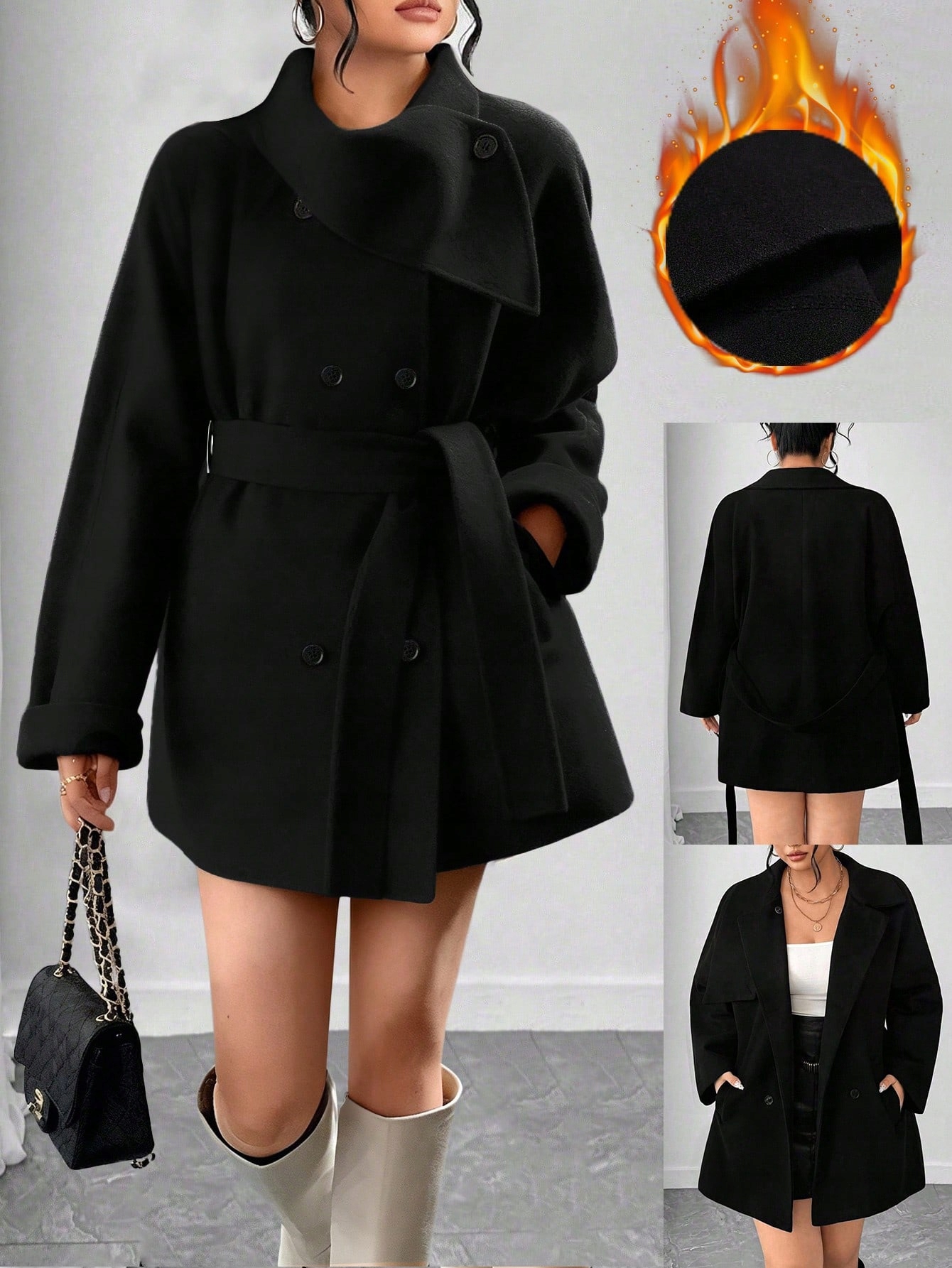 Dámský Oversize Kabát Černý S Páskem Do Pasu Casual Shein XL 42