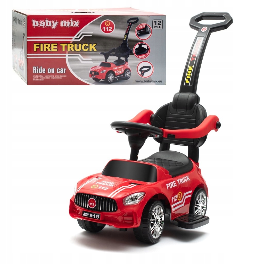 Jeździk Baby Mix Fire Straż Pożarna pojazd z dźwiękiem i pchaczem- czerwony