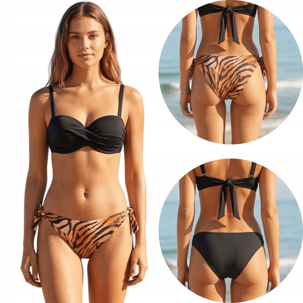 Dvoudílné plavky bardotka 2 kalhotky Tygr 7106 černá 70D/75C-M