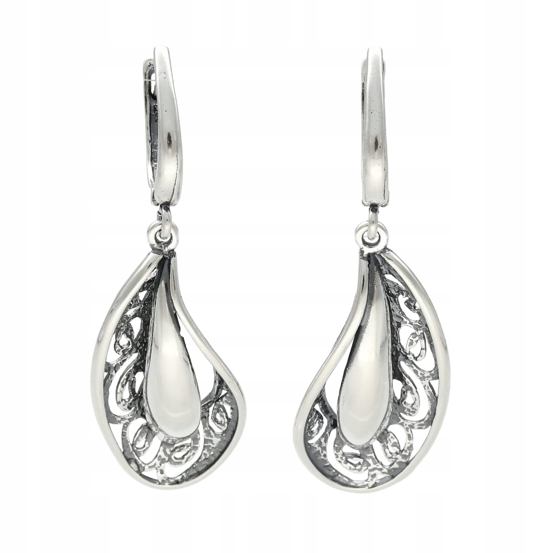 Náušnice s ažurovou slzou, stříbro oxidované
