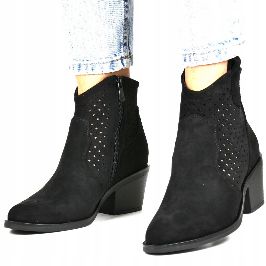 Kotníkové Boty Kovbojské Boty Ažurové Nízké Černé Semišové S Módním Zipem 41