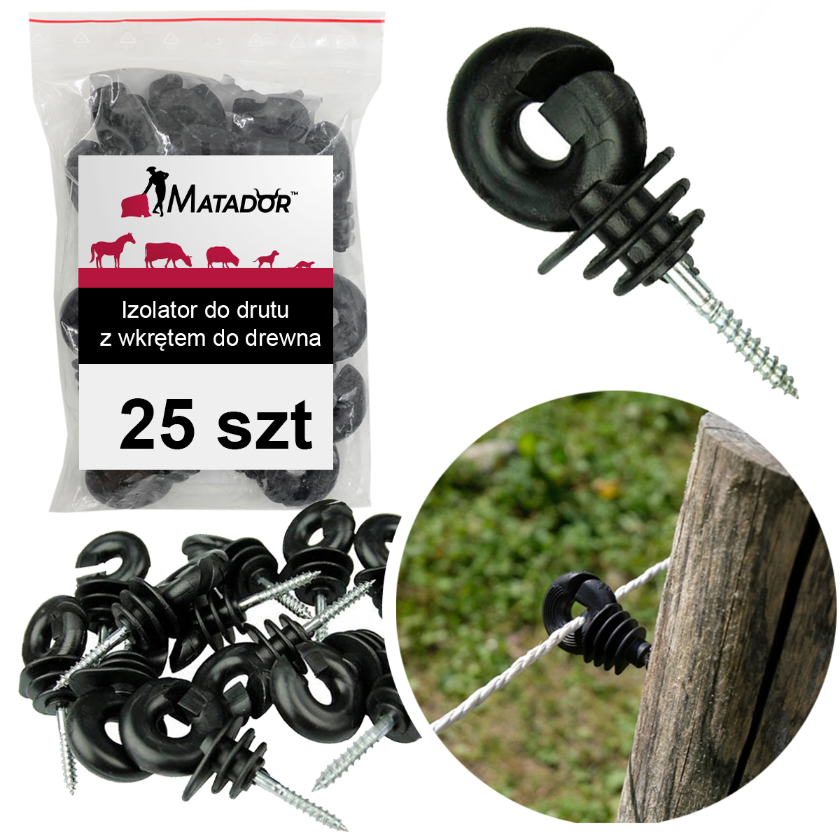 IZOLATOR IZOLATORY DO DRUTU pastucha z wkrętem do drewna pastuch 25 szt