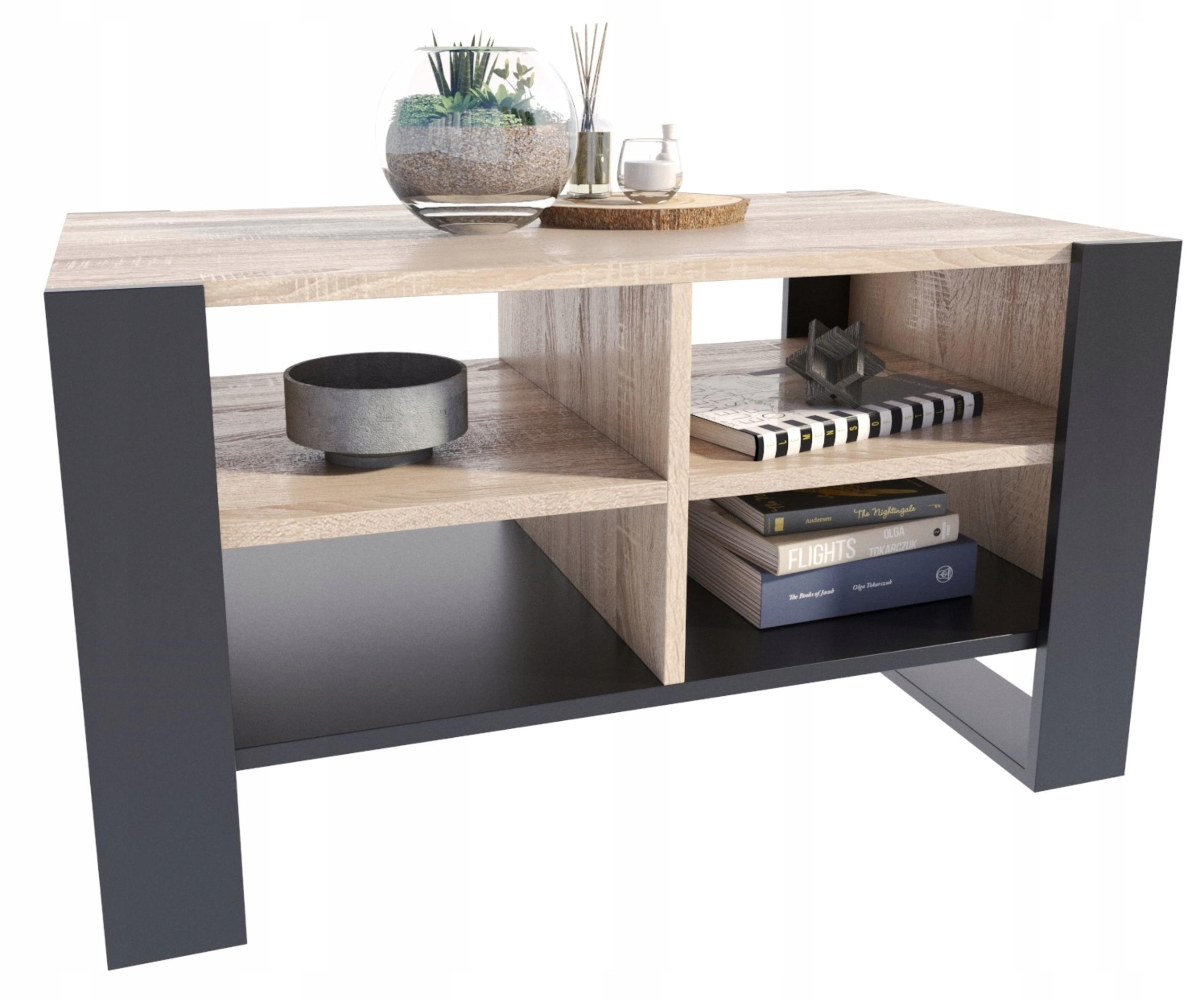 Lavica konferenčný stolík Figa sonoma-čierny stôl s poličkou a policami loft, úložný priestor Per
