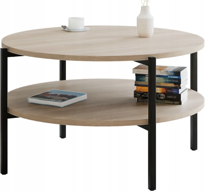 Stolik kawowy okrągły loft z półką 75x75x46 cm metalowy czarny