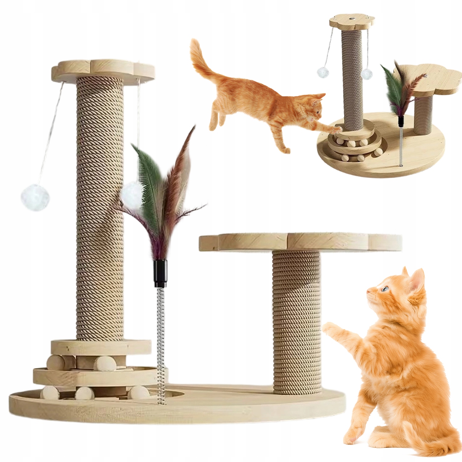 Levně Stromek Pro Kočky Se Dvěma Sisalovými Sloupky Hračka S Peříčky A Kuličkami