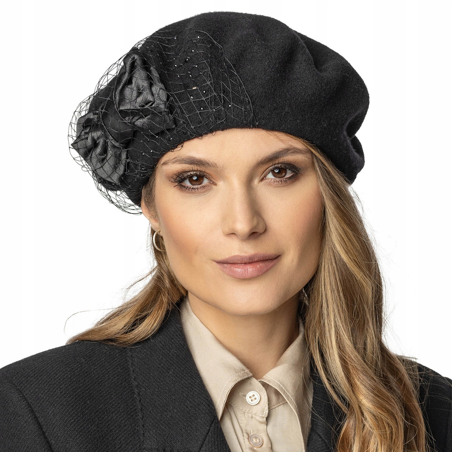 Vivisence 7081 černý vlněný závoj mašle tyl teplý dámský Baretu