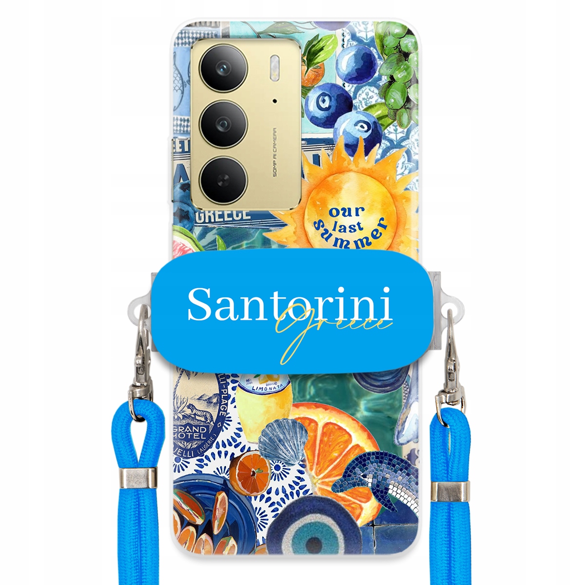 Puzdro pre Realme C75 4G Modré Crossbody vodítko držiak Santorini Greece