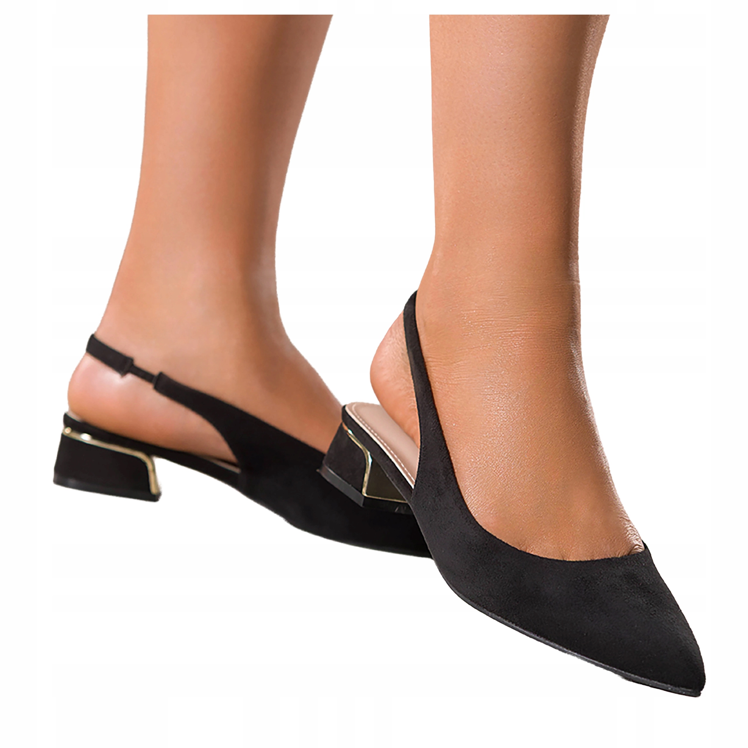 Czarne Czółenka Damskie Odkryta Pięta Ozdobny Niski Klocek r 38