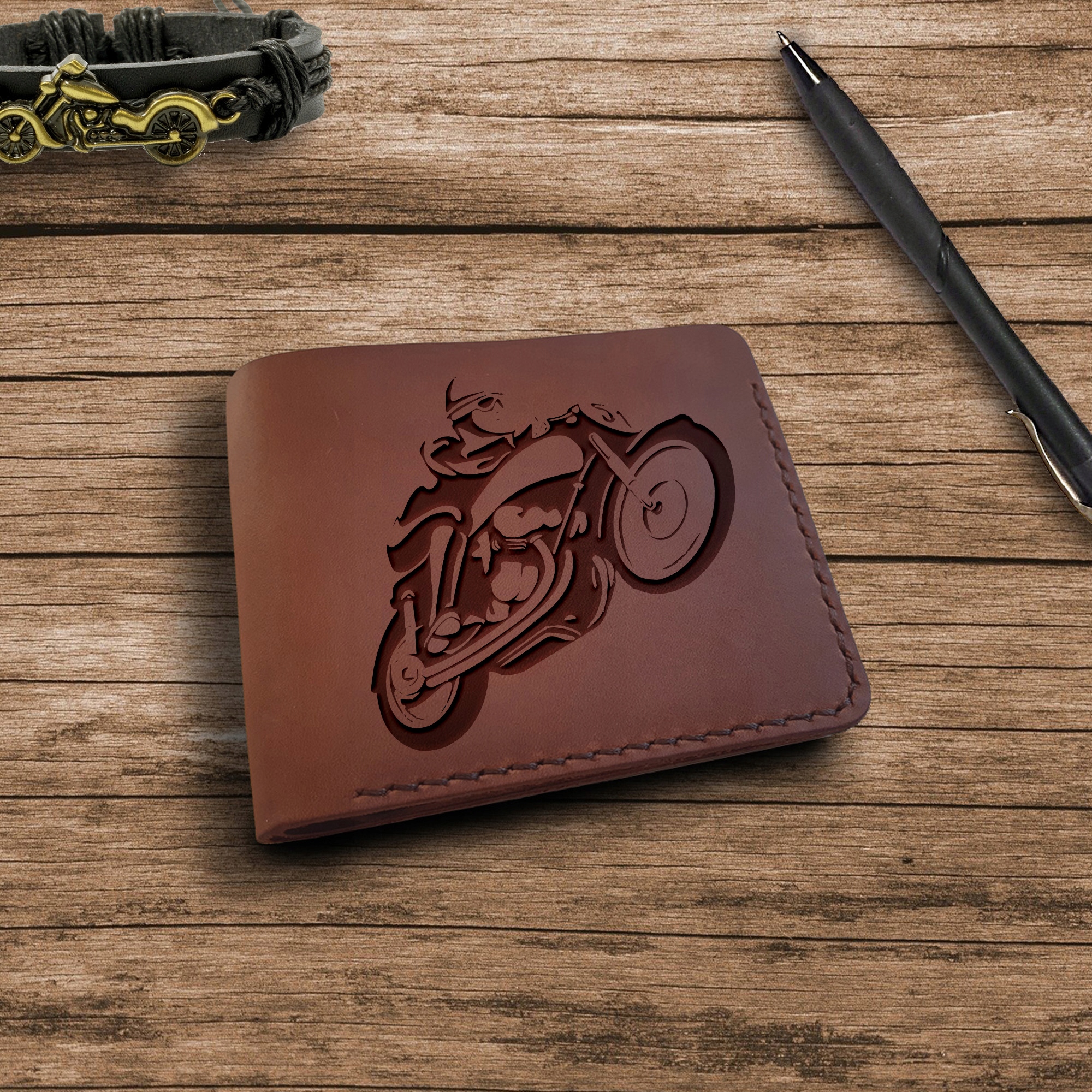 Peněženka na motorku ručně vyrobená s gravírováním přírodní kůže handmade