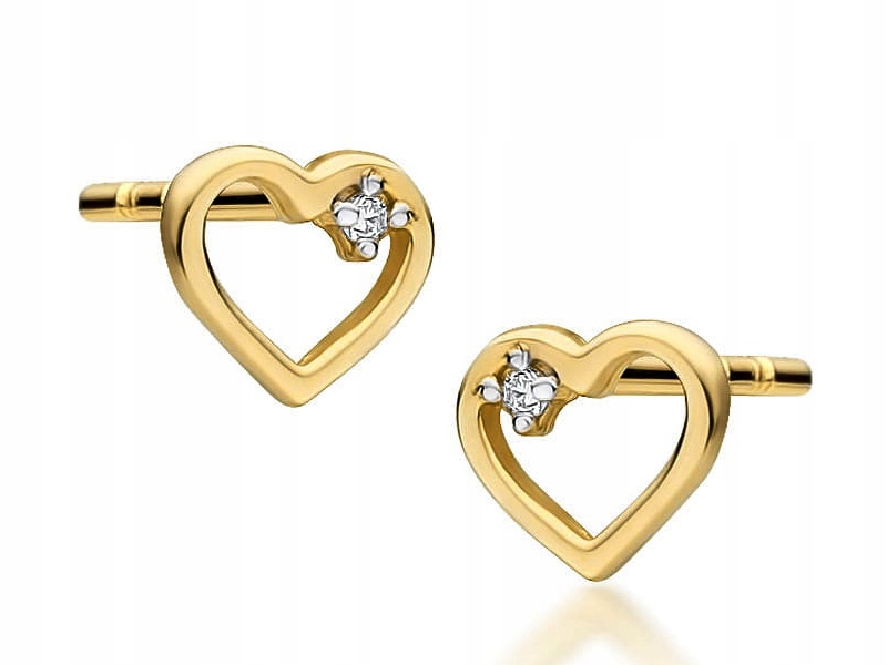 Zlaté náušnice 585 šroubovací tyčinky srdce s brilianty elegantní 14k