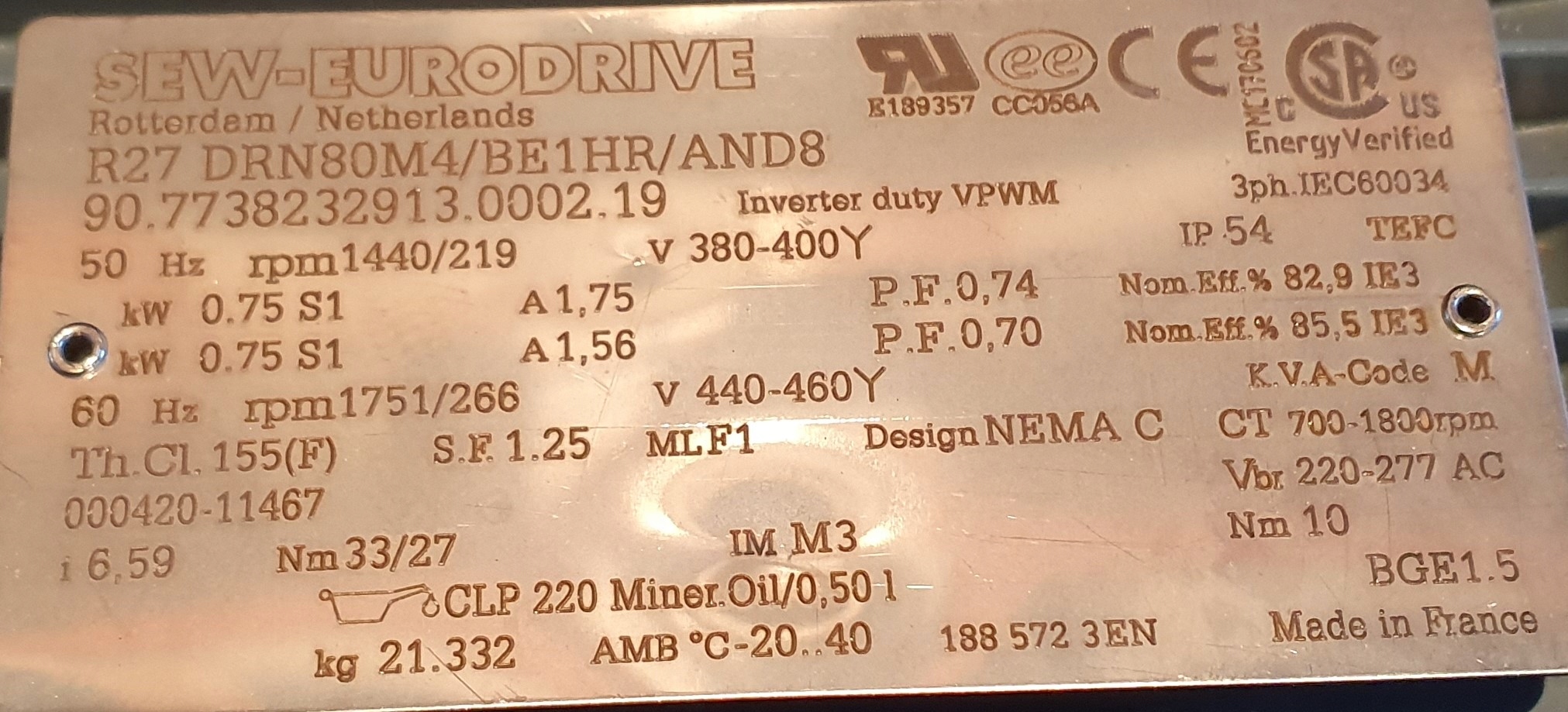 Motoreduktor SEW 0,75kw 219 obr/min Hamulec Marka SEW