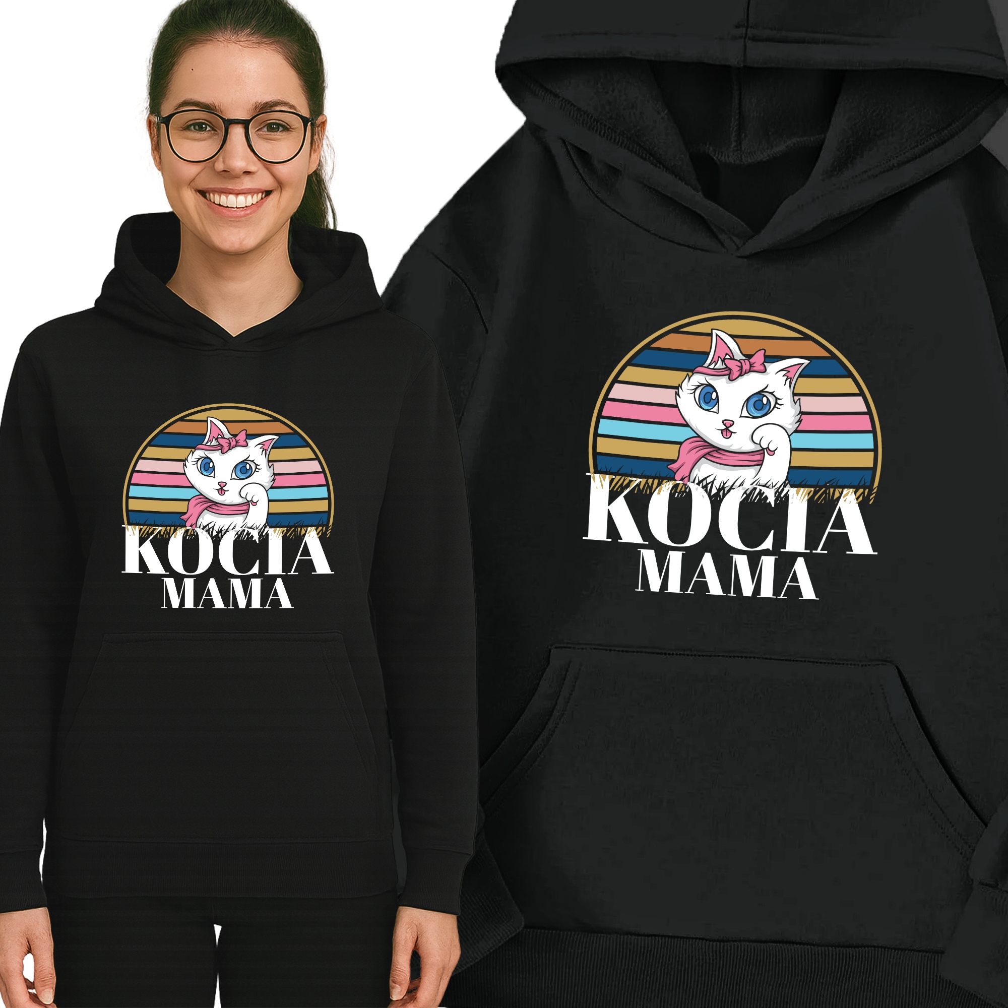 Mikina Černá Kočičí Máma S Kapucí Teplá Módní vzor Dárek Vel M