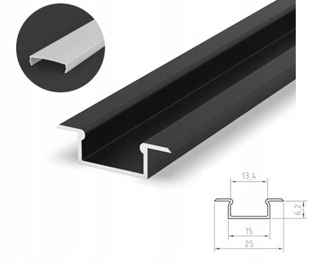 PROFIL LED WPUSZCZANY PŁASKI 2M CZARNY+ OSŁONA ML