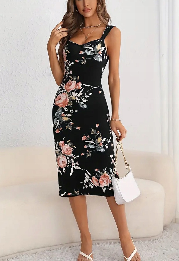 SUKIENKA NA RAMIĄCZKACH NA LATO W KWIATY CZARNA OBCISŁA MIDI L/XL 40 42 M S Wzór dominujący kwiaty