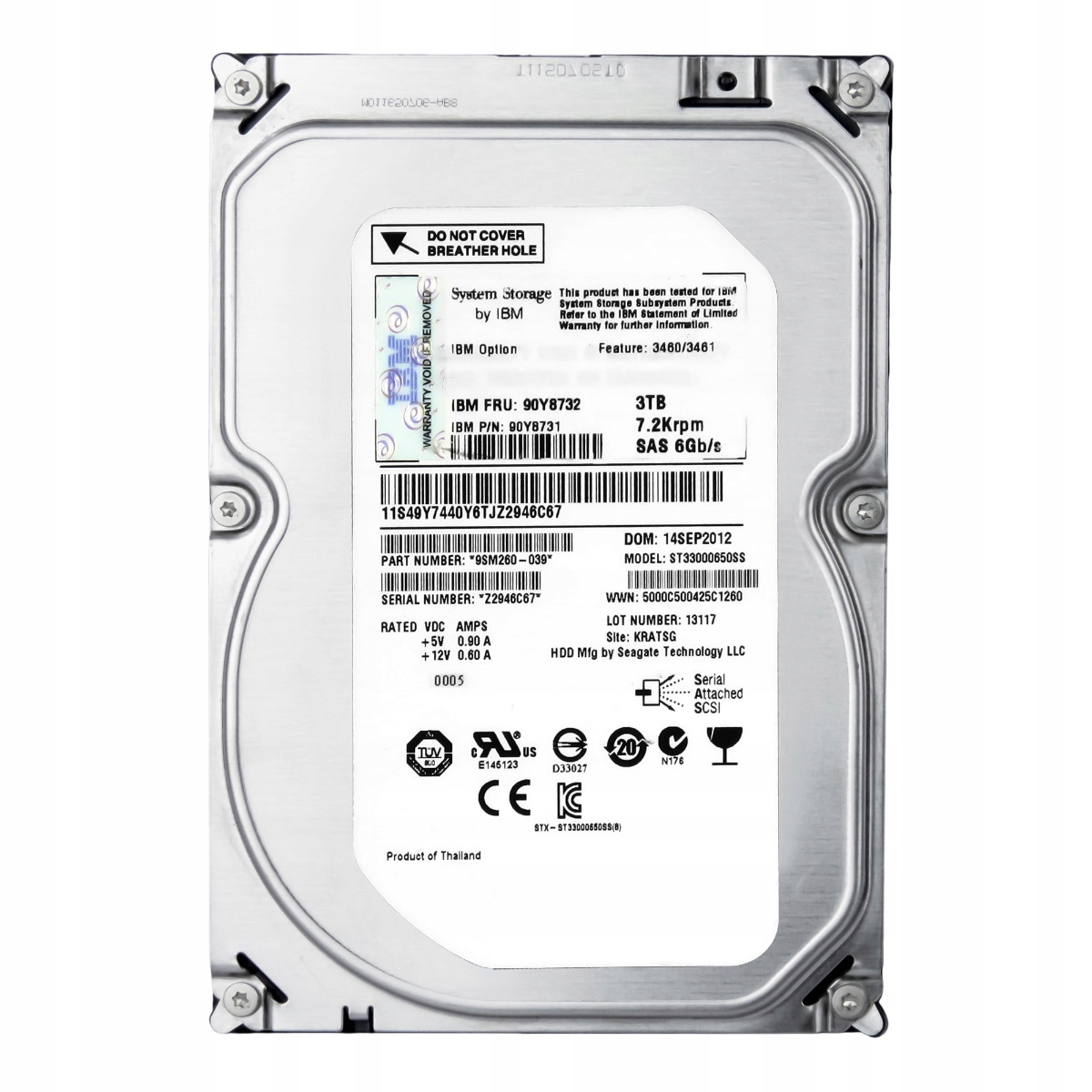 Ibm 90Y8732 90Y8731 3TB 7.2K 64MB SAS-2 3.5'' ST33000650SS