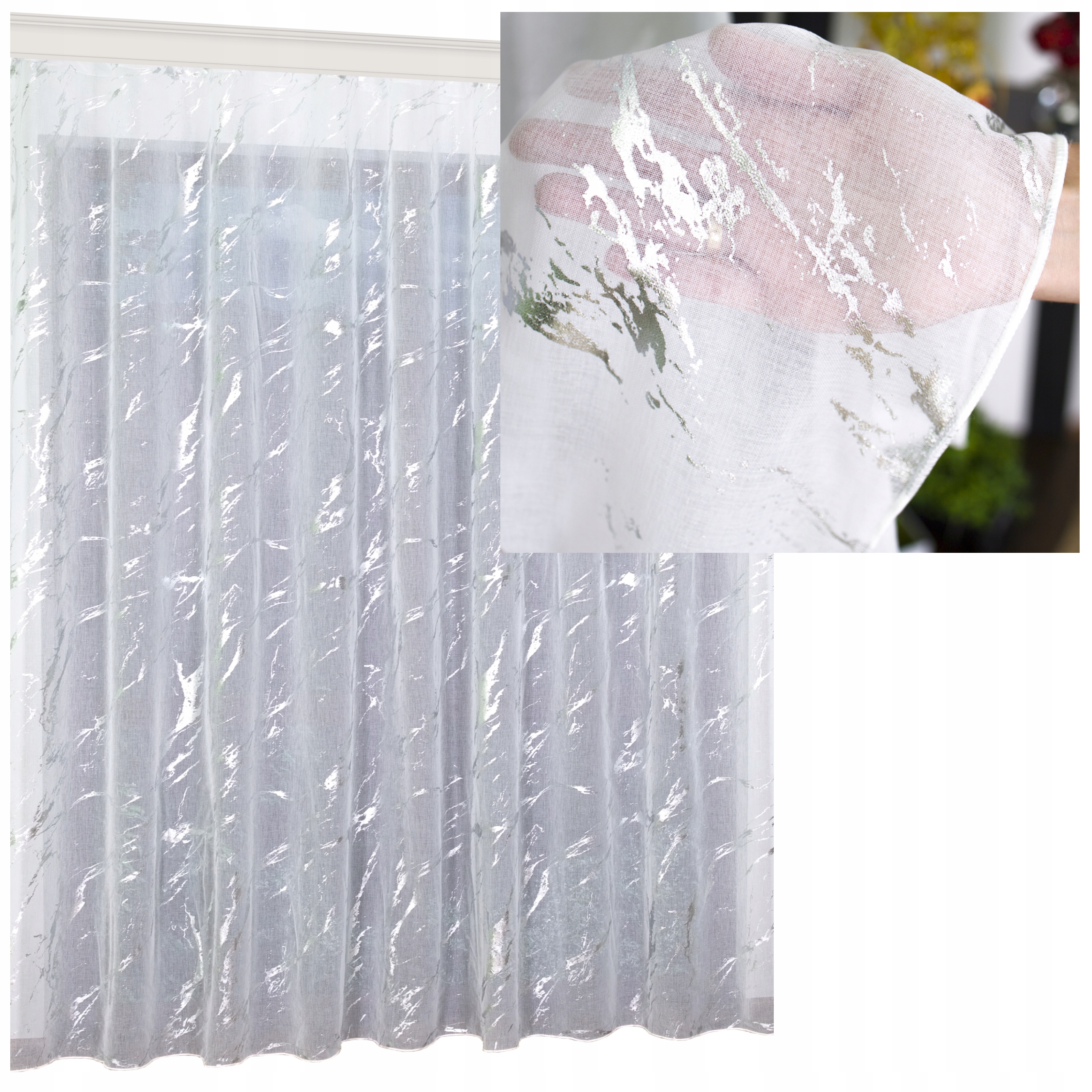 Záclona Amara Mramorek stříbrný efekt olověný etamin 250 x 260 cm na pásku