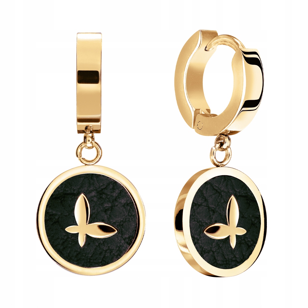 Kolczyki Pozłacane Wiszące Okrągłe Motyl Eko Skóra Czarne Stal 18K Sadva