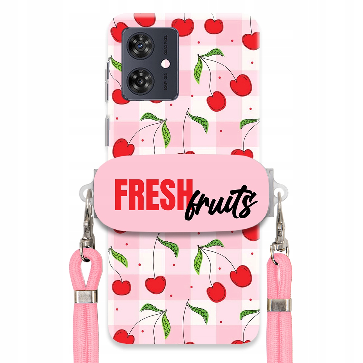 Puzdro pre Motorola G54 5G Držiak na šnúrku Ružový Fresh Fruits Mriežka