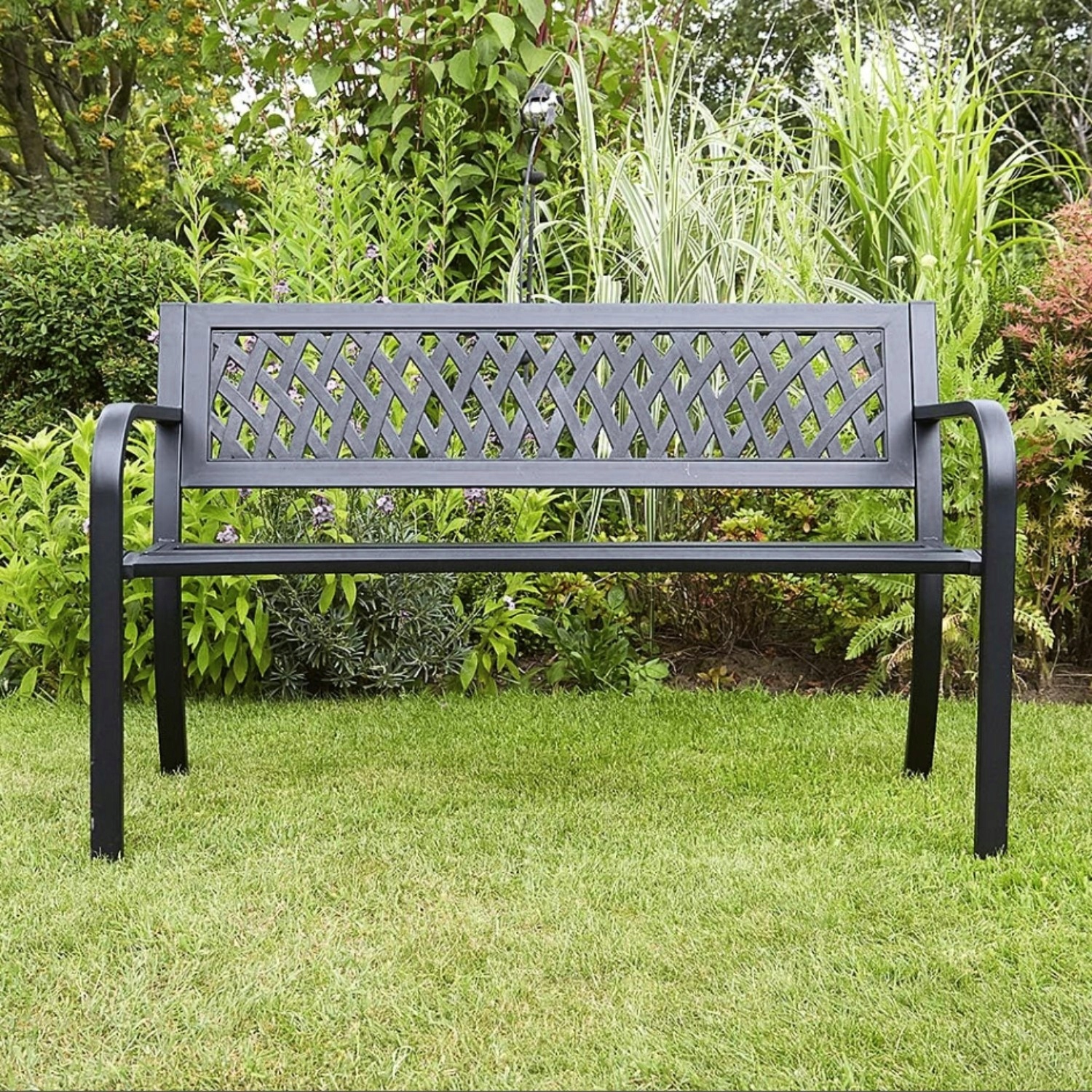 MOCNA ŁAWKA OGRODOWA METALOWA DO OGRODU PARKOWA ŁAWECZKA Z OPARCIEM CZARNA Producent inna